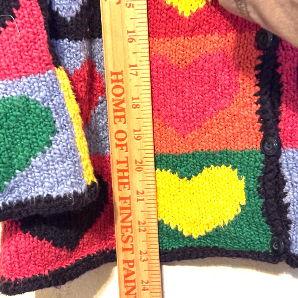 Vintage Colorful Heart Patchwork Valentine Cardigan Hand Knit Sweater Chunky PSm - Picture 6 of 7